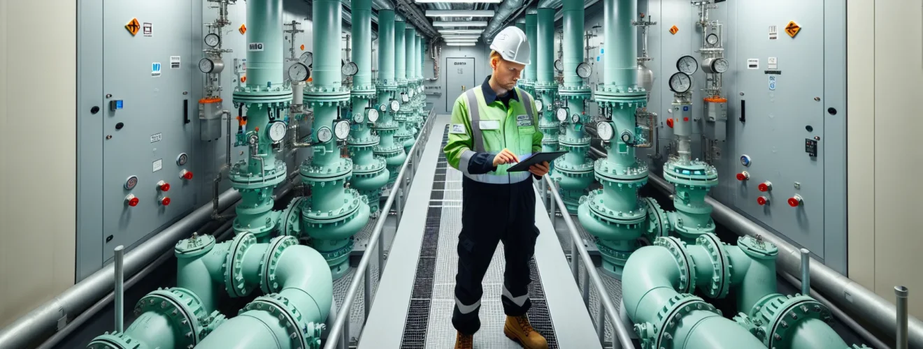 Engineer inspects well labeled norwegian pump room with epoxy coated pipes and vfds en side dedikert til rør, rørsystemer og rørteknologi 1