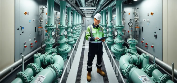 Engineer inspects well labeled norwegian pump room with epoxy coated pipes and vfds en side dedikert til rør, rørsystemer og rørteknologi 5