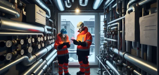 Engineers inspect a compliant norwegian mechanical room with insulated code approved piping en side dedikert til rør, rørsystemer og rørteknologi 3