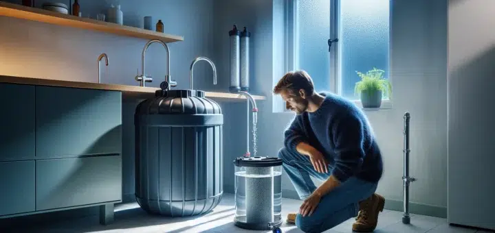 Homeowner checks greywater tank filters and uv unit in norwegian utility room en side dedikert til rør, rørsystemer og rørteknologi 13