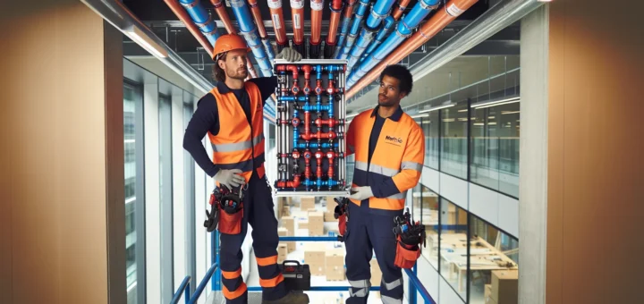 Installers fit a prefabricated modular pipe rack in a norwegian office corridor en side dedikert til rør, rørsystemer og rørteknologi 15