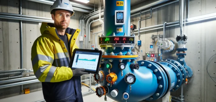 Norwegian engineer checks iot dashboard beside instrumented water pipes in plant en side dedikert til rør, rørsystemer og rørteknologi 9