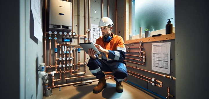 Norwegian plumber inspecting manifold and sprinkler pipes with tablet in utility room en side dedikert til rør, rørsystemer og rørteknologi 9