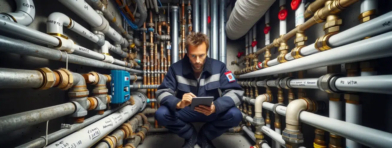 Norwegian plumber inspects new pex manifold beside corroded steel risers in basement en side dedikert til rør, rørsystemer og rørteknologi 1