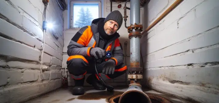 Norwegian technician inspecting old cast iron drain pipe in a basement en side dedikert til rør, rørsystemer og rørteknologi 5