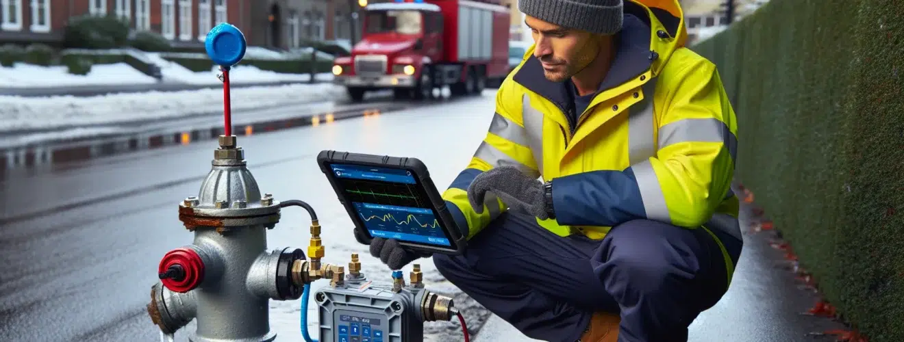 Norwegian technician using sensors and a tablet to detect a pipe leak en side dedikert til rør, rørsystemer og rørteknologi 1