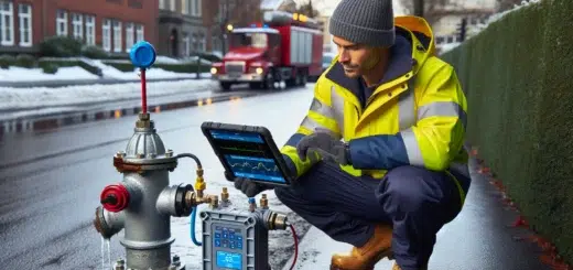 Norwegian technician using sensors and a tablet to detect a pipe leak en side dedikert til rør, rørsystemer og rørteknologi 23