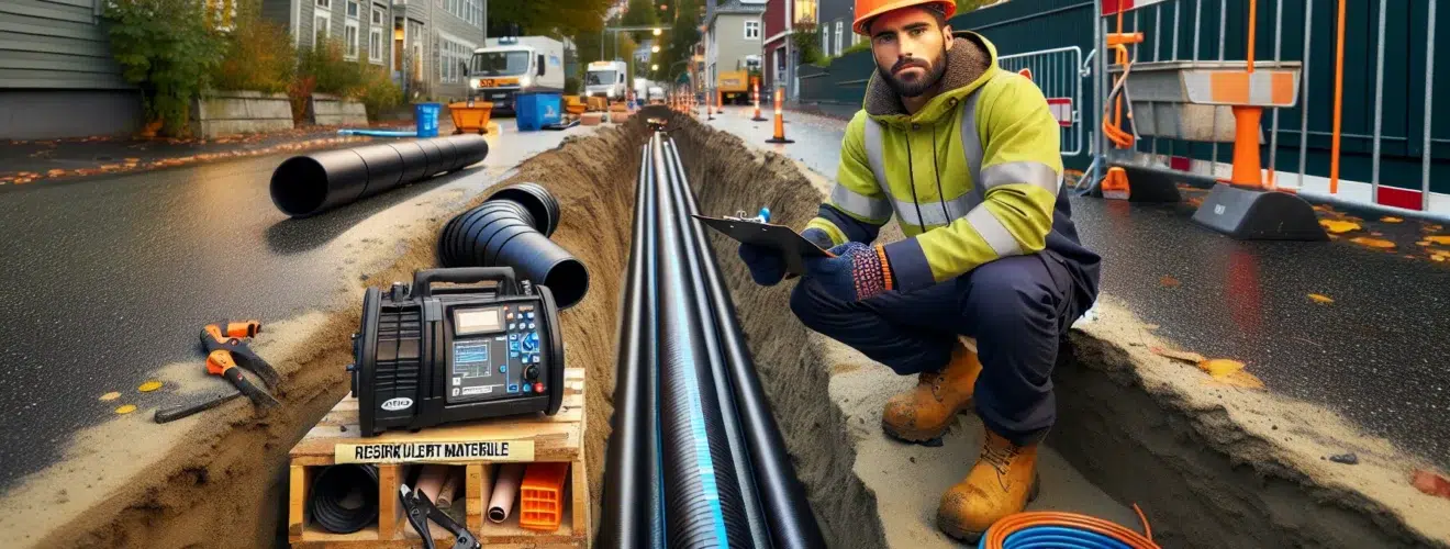 Norwegian worker inspecting recycled hdpe pipe joint at a tidy street worksite en side dedikert til rør, rørsystemer og rørteknologi 1