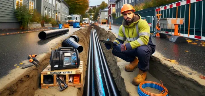 Norwegian worker inspecting recycled hdpe pipe joint at a tidy street worksite en side dedikert til rør, rørsystemer og rørteknologi 3
