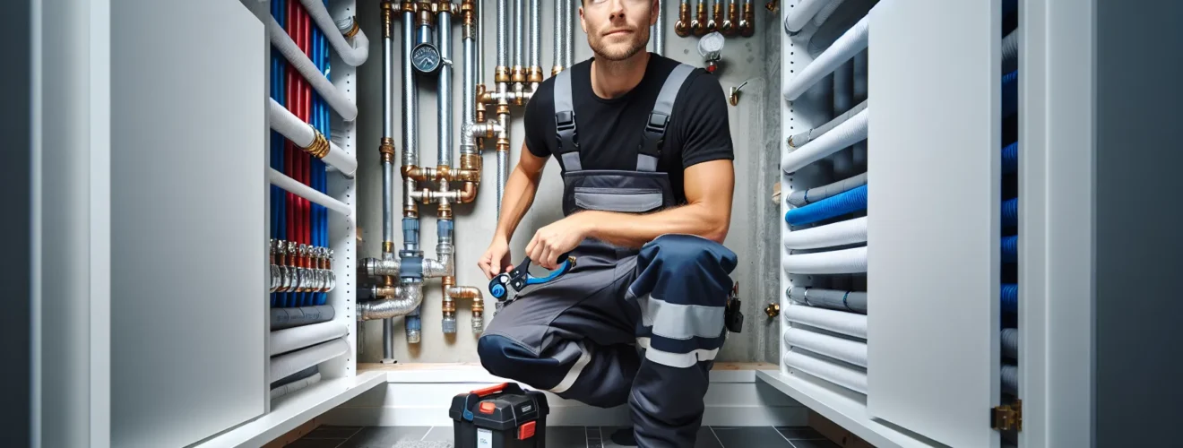 Plumber installing norwegian manifold cabinet with pex pressure reducer and leak sensor en side dedikert til rør, rørsystemer og rørteknologi 1