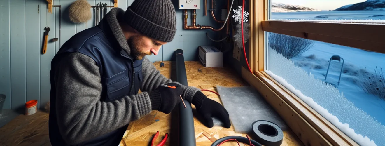 Plumber insulating copper pipe with rubber sleeve and heat cable in winter garage en side dedikert til rør, rørsystemer og rørteknologi 1