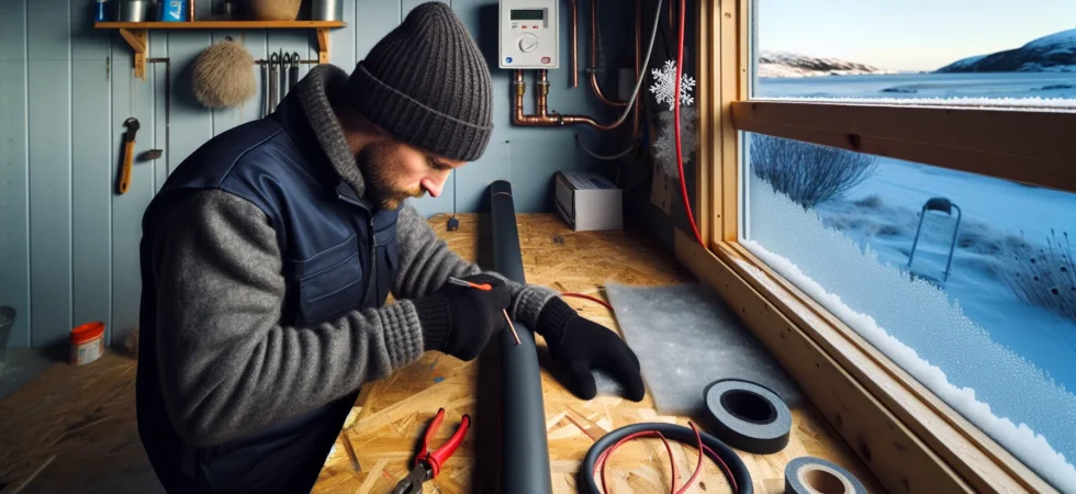 Plumber insulating copper pipe with rubber sleeve and heat cable in winter garage en side dedikert til rør, rørsystemer og rørteknologi 1