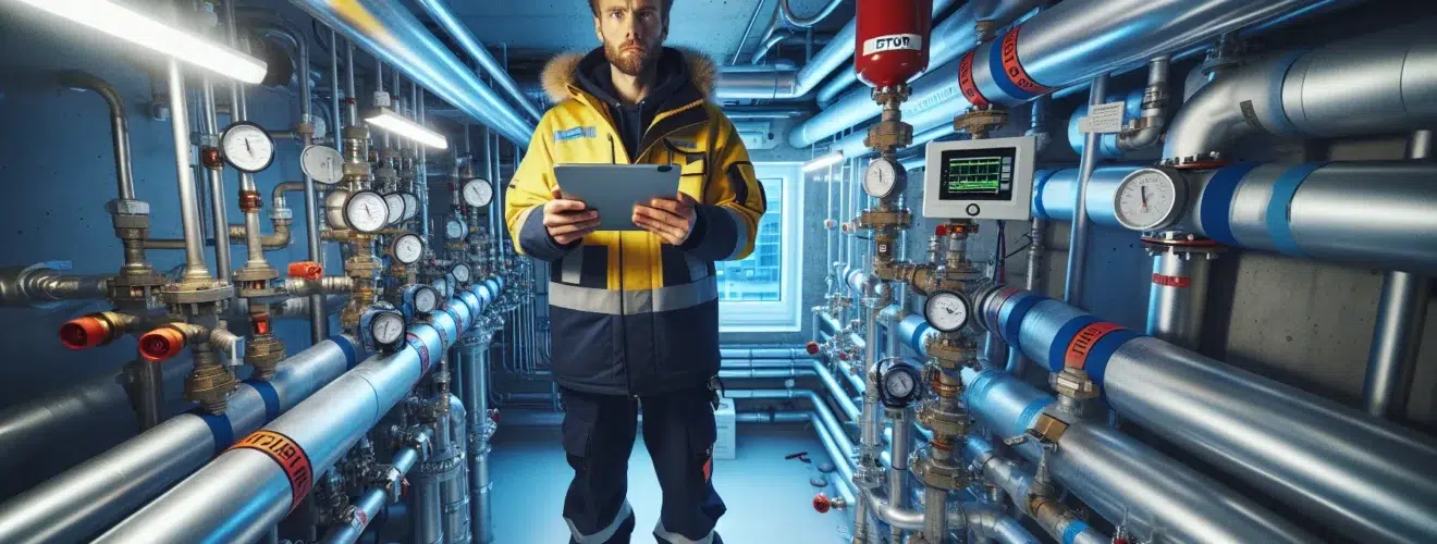 Technician checks central heating pumps and heat exchanger in norwegian plant room en side dedikert til rør, rørsystemer og rørteknologi 1
