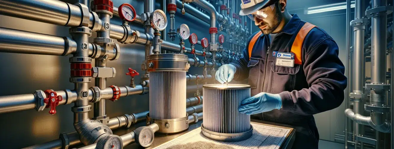 Technician inspects a stainless filter cartridge in a norwegian piping system en side dedikert til rør, rørsystemer og rørteknologi 1