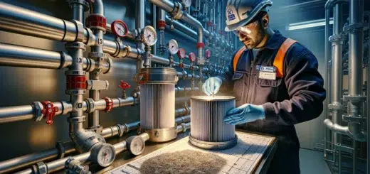 Technician inspects a stainless filter cartridge in a norwegian piping system en side dedikert til rør, rørsystemer og rørteknologi 22