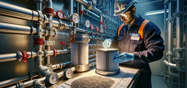 Technician inspects a stainless filter cartridge in a norwegian piping system en side dedikert til rør, rørsystemer og rørteknologi 3