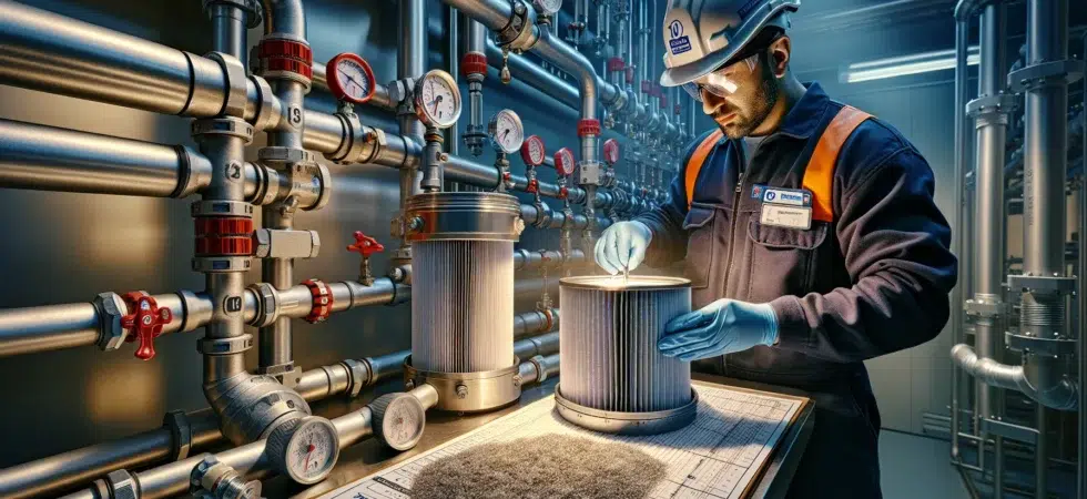 Technician inspects a stainless filter cartridge in a norwegian piping system en side dedikert til rør, rørsystemer og rørteknologi 1