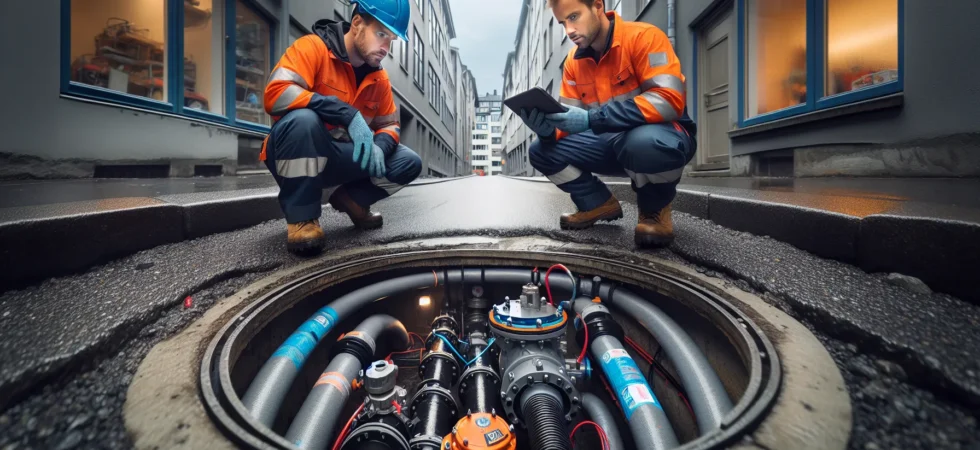 Technician inspects vacuum sewer valve in shallow trench on norwegian street en side dedikert til rør, rørsystemer og rørteknologi 1