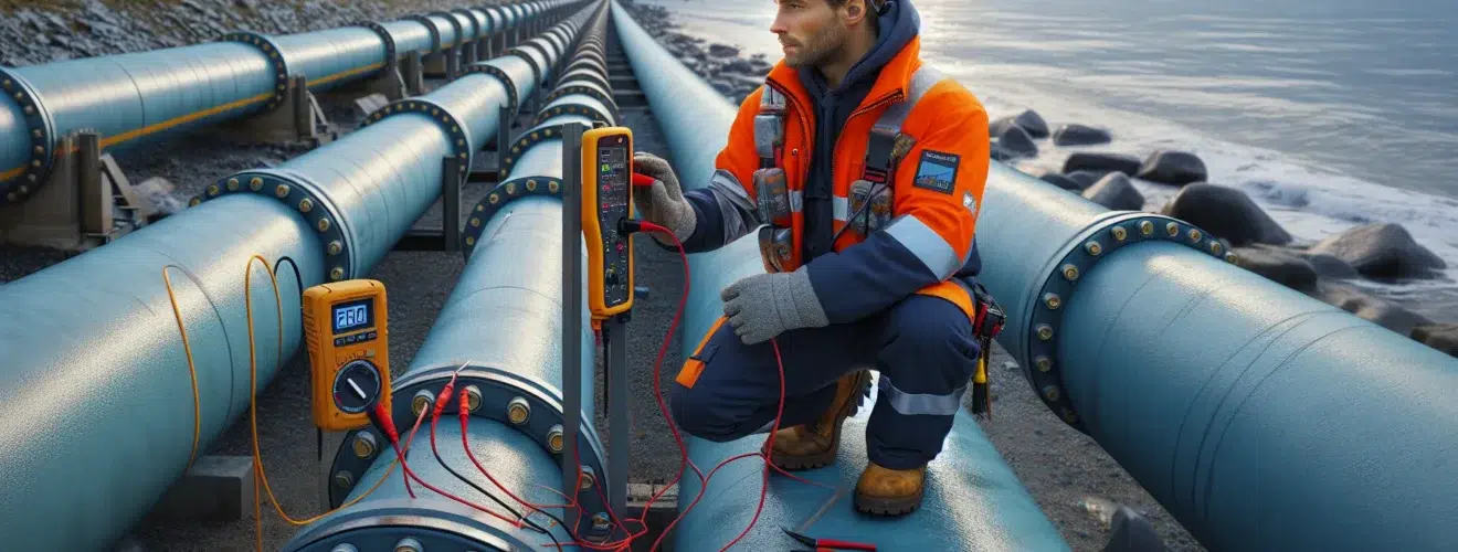 Technician testing cathodic protection on coated pipeline at a norwegian fjord en side dedikert til rør, rørsystemer og rørteknologi 1