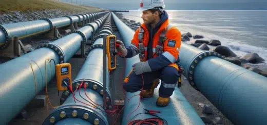 Technician testing cathodic protection on coated pipeline at a norwegian fjord en side dedikert til rør, rørsystemer og rørteknologi 15
